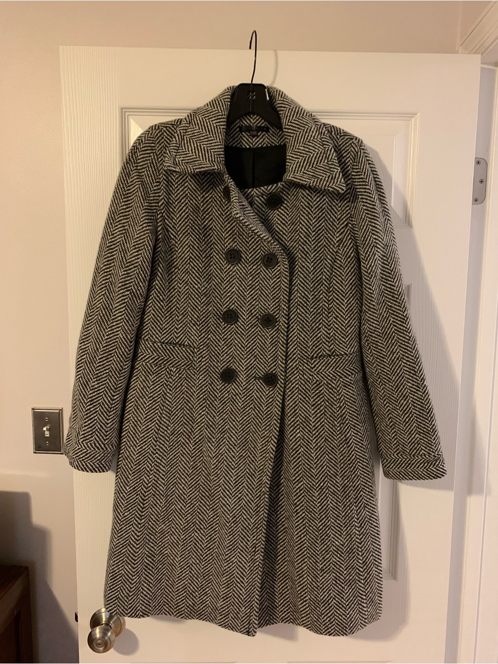 Teenflo Black & White Herringbone Double-Breasted Pea Coat